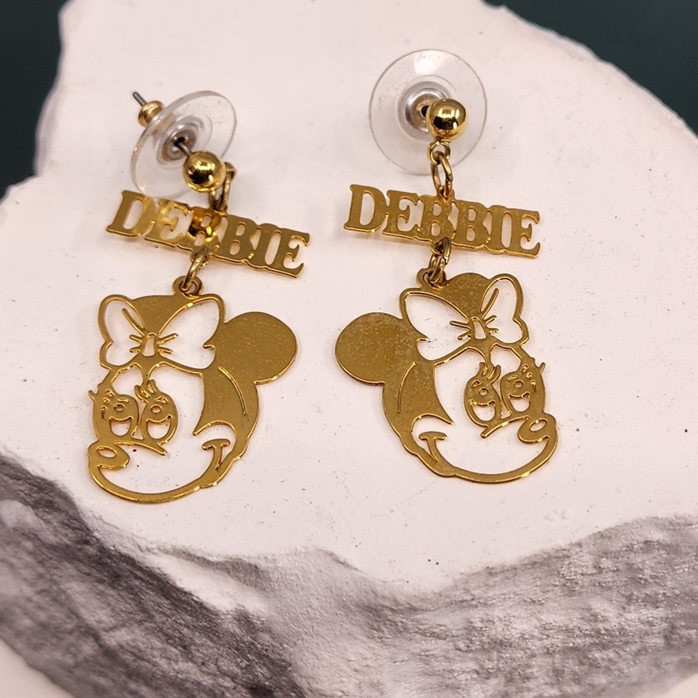 Disney Minnie Mouse Debbie Name Gold Tone Dangle Pierced Earrings Personalized
